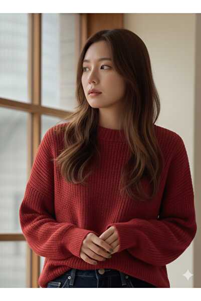 FAVORİST Knitwear Btk Women's Low Sleeve Oversized Mold Crew Neck Sweater