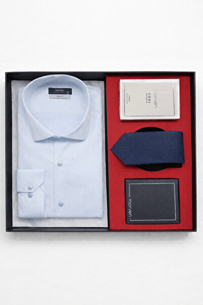 Morven Blue Men's Style Slim Fit Gift Boxed Shirt, Tie, Perfume and Wallet Set