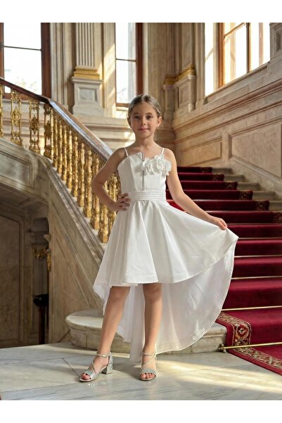 BUTİKHAPPYKİDS Girl's Cream Satin Evening Dress with Asymmetrical Skirt and F...