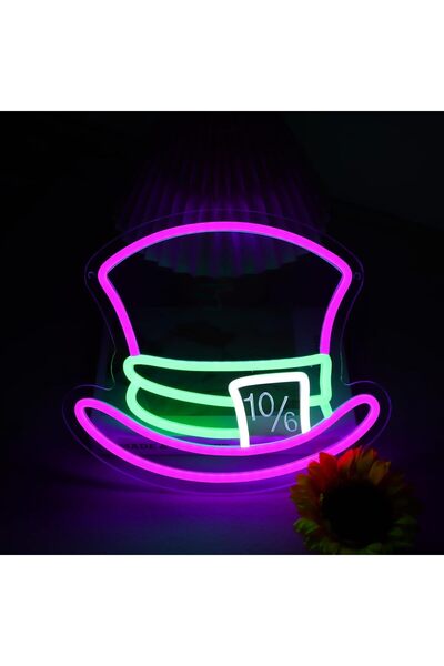 Slasa لوحة نيون على شكل قبعة صانع القبعات المجنون، مقاس 29 × 24.9 سم، متعددة ...