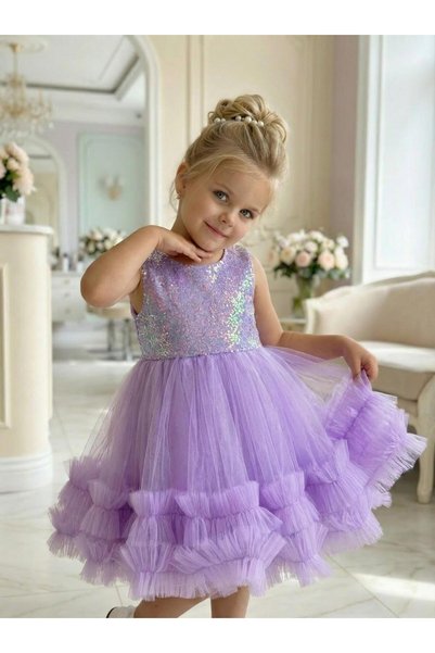 BUTİKHAPPYKİDS Kız Çocuk Lila Payetli Volanlı Tüllü Prenses Abiye Elbise 1-5 Yaş