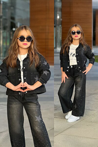 Minigimin Cicileri 3-компонентен комплект за момичета от деним с звезди - черен