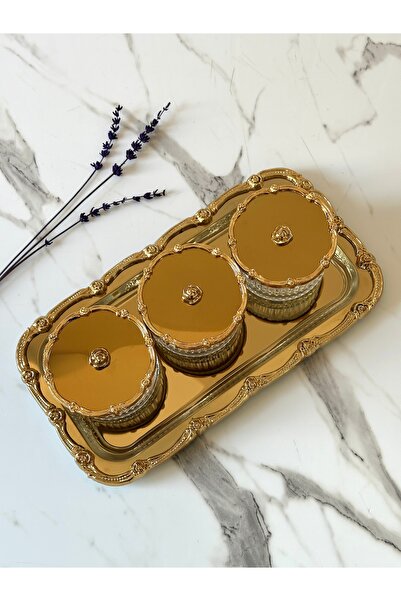 Melinda Gül Çerçeveli Gold Tepsi Gold Gül Detaylı Cam Kase Kahvaltılık Reçell...
