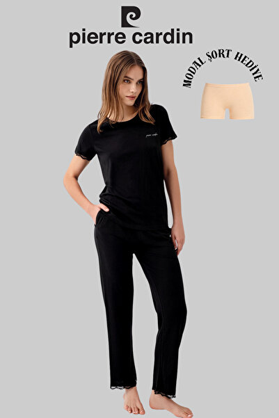 Pierre Cardin Women's Black Lace Detailed Pajama Set (Modal Shorts with Gift)