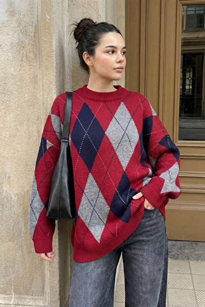 InStyle Baklava Pattern Half Turtleneck Red Knitwear Sweater