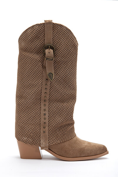 DENORA Camel Mink Earth Genuine Suede Studded Detail Leg Trousers Western Cow...