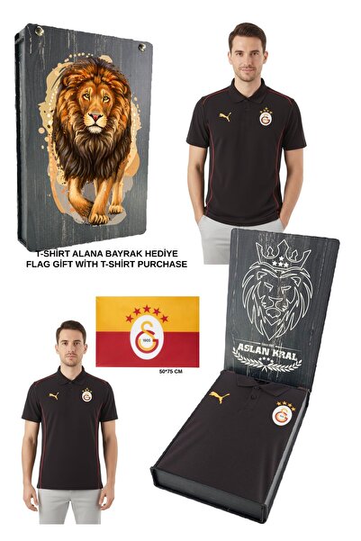 Galatasaray Лицензирана черна тренировъчна тениска с поло яка 5 STAR с флаг и...