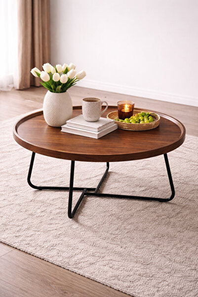 N.zone طاولة قهوة وسط دائرية مقاس 80 سم بسطح خشبي مع ارجل معدنيه متينة