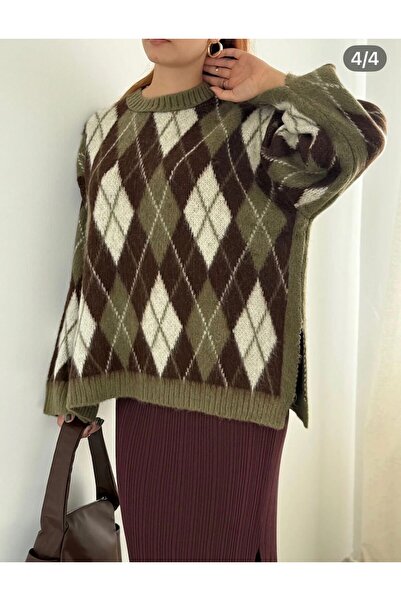 ASEZ BUTİK One Premium Series Woolen Diamond Pattern Side and Sleeve Slit Det...