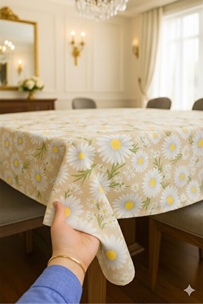 Rona Home Daisy Pattern Tablecloth Cream Linen Look Stain Resistant, High Qua...