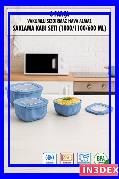 İN3DEX Airtight Vacuum Storage Container Set 3 Pieces Blue