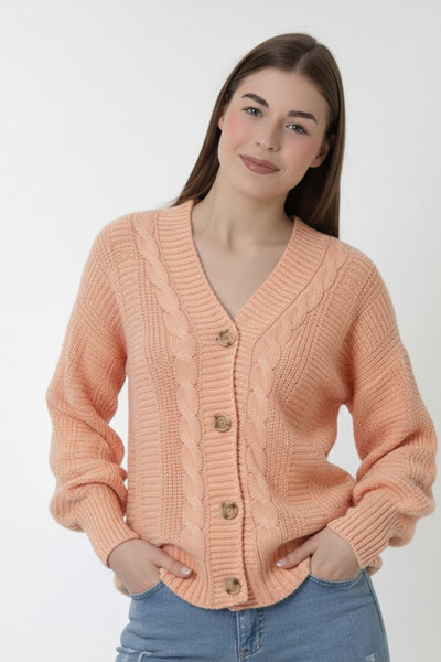 Devinka Women's Yavruağzı Hair Braided Balloon Sleeve Casual Knitwear Cardigan