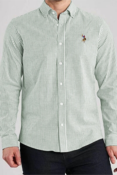 U.S. Polo Assn. Mens Vertical Green Stripes Oxford Tailored Fit Shirt