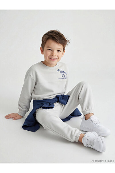 LC Waikiki Lcw Kids Gray Dinosaur Printed Boys' Sweatshirt and Sweatpants