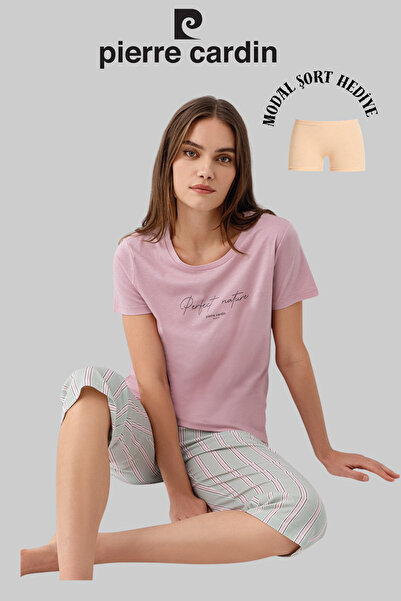 Pierre Cardin Women's Pink Wide Collar Striped Capri Pajama Set (Modal Shorts...