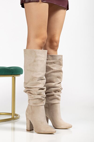 serkanseyyid 4807 Beige Suede Pointed Toe Bellows Thick Heel Casual Women's B...