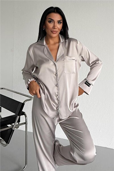 COCCOLARSI Nobiltà Della Notte Gri Saten Uzun Pijama Takımı