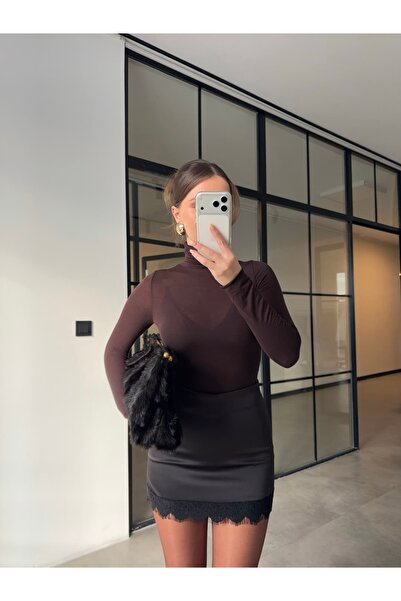 BB Bensu Buyruk SATIN CU DETALII DIN DANTELĂ fustă pantalon scurtă MARO