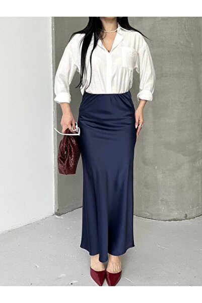 MYGİYİMİSTANBUL Fusta lungă din țesătură satinată cu talie elastică, străluci...