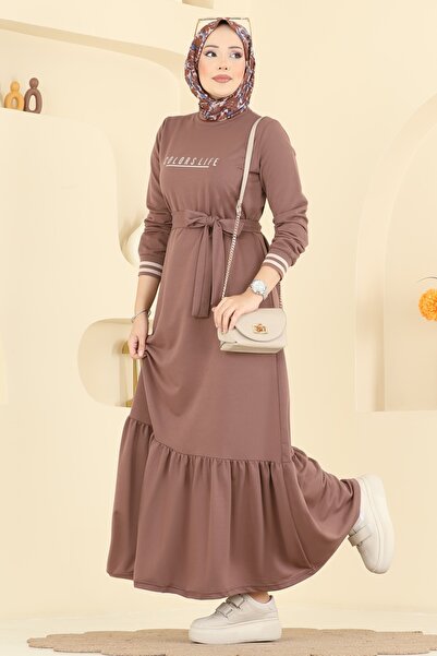 ModaMerve Yazı Baskılı İki İplik Elbise 715PM271-MS Pudra Vizyon