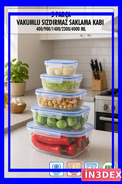 İN3DEX مجموعة من 5 حاويات تخزين محكمة الإغلاق بأحجام مختلفة