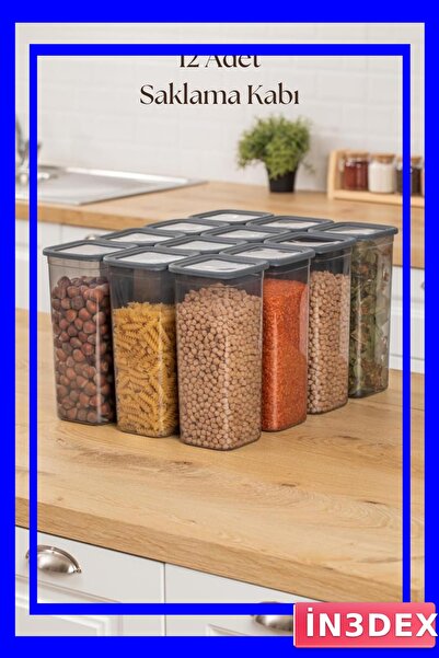 İN3DEX Smoked Colored 1900ml Kitchen Storage Jar with Lid 12 Pieces