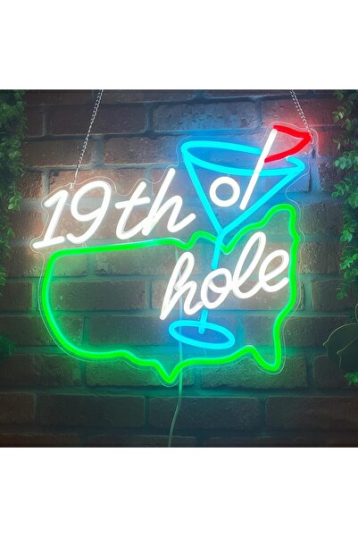 Slasa لوحة نيون LED للجولف - 38 × 33 سم، مصباح جداري "الحفرة التاسعة عشرة" لغ...