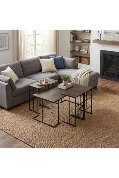 HOMEZ NEED طقم طاولة قهوة مكون من 5 قطع من الخشب الماليزي - بني داكن