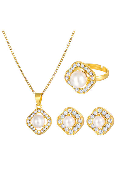 Kracer 18K Gold Plated Necklace, Earrings and Ring Set, with White Pearls and...