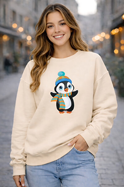 ArtYus Penguin Character Printed Relaxed Fit Fleece-Lined 3 Thread Crew Neck ...