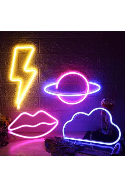 Slasa مجموعة لافتات نيون LED مكونة من 4 قطع - 30 × 32 سم أشكال كوكب، سحابة، ش...