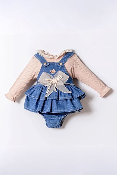 Minigimin Cicileri Bear Embroidered Tulle Bow Detailed Baby Girl 2-Piece Salo...