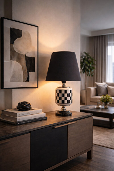 ferayhome Abajur Aydınlatma Seramik Oval Siyah Damalı Siyah Şapka GÜMÜŞ - Fer...