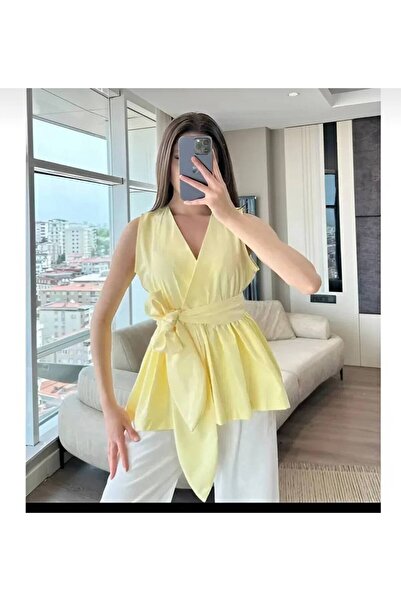 İLGEN FASHİON V-Neck Sleeveless Belted Ruffled Trendy Tericotton Fabric Blouse