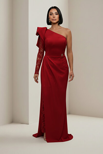 ALFUDO Moda Collection One Shoulder Lace Detail Long Graduation Evening Dress