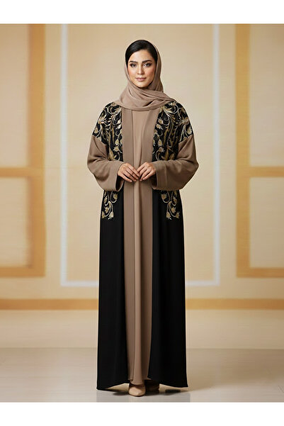 Muchmy 2 Pieces Elegant Black Brown Embroidered Abaya For Women Long Sleeve W...