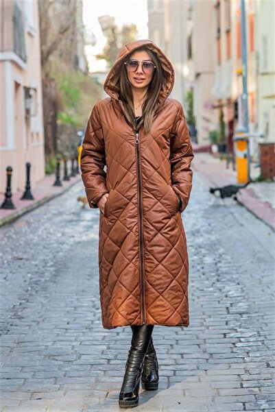 MODANI SEÇ Brown Hooded Baklava Pattern Large Size Long Puffer Coat