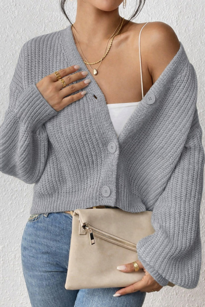 Tarz Cool Women's Gray V-Neck Long Sleeve Buttoned Knitwear Cardigan
