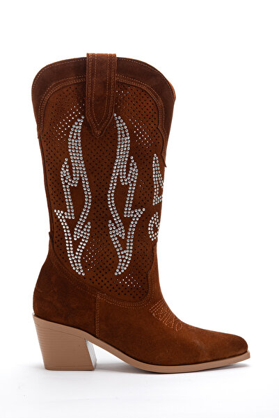 DENORA Tan Genuine Suede Stone-Studded Perforated Summer Western Cowboy Boots