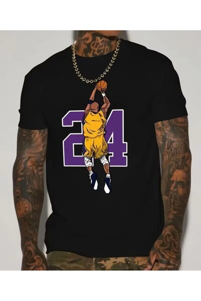 LELVANİ Men's Basketball Player 24 Purple Written Black T-Shirt