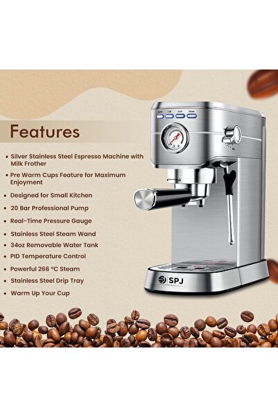 SPJ Coffee Machine, 20-Bar Stainless Steel Coffee Maker