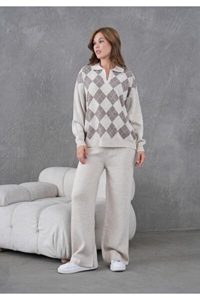 fuşyha butik Kruvaze Yaka Baklava Desenli Çizgili Triko Alt Üst Takım