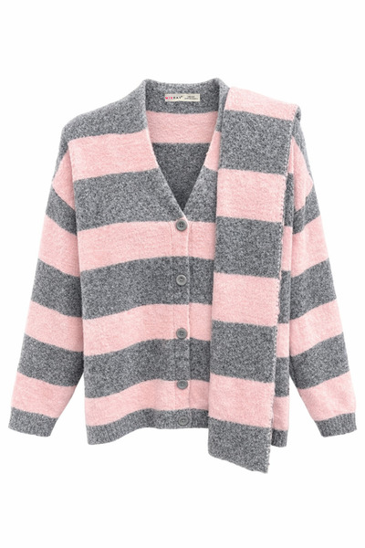Mixray 7019 women's thick striped wool blend knit shawl cardigan set - grey