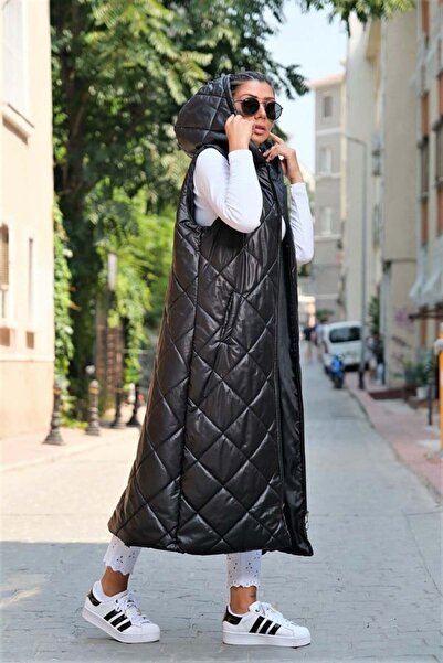 yesıl sarmasık 35 Black Hooded Pocket Diamond Pattern Long Puffer Vest