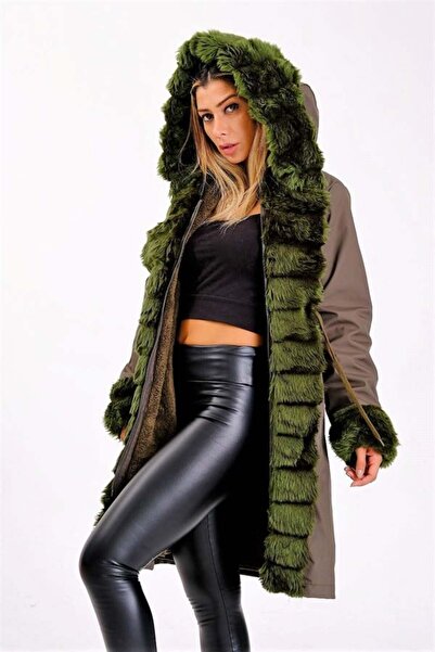 MODANI SEÇ Green Waterproof Hooded Long Coat with Fur Inside