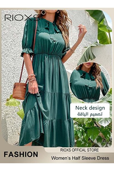 RIOXS Women's Summer Solid Color Holiday Dress Casual Loose Half Sleeve Bow T...