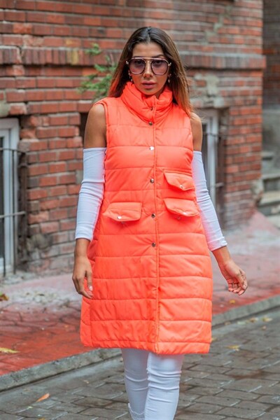 yesıl sarmasık 35 Orange Pomegranate Stand Collar Long Puffer Vest with Pocke...