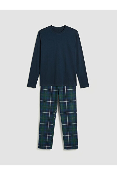 LC Waikiki Navy Blue Standard Fit Plaid Men's Pajama Set