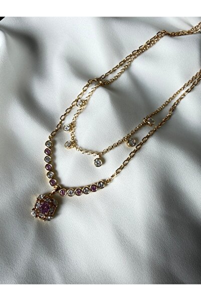XUPING JEWELRY Pembe Kristal Kesme Taşlı Gold İkili Kolye