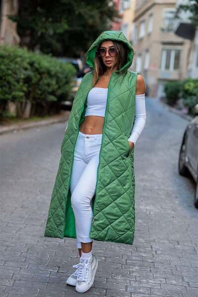yesıl sarmasık 35 Green Hooded Pocket Diamond Pattern Long Puffer Vest